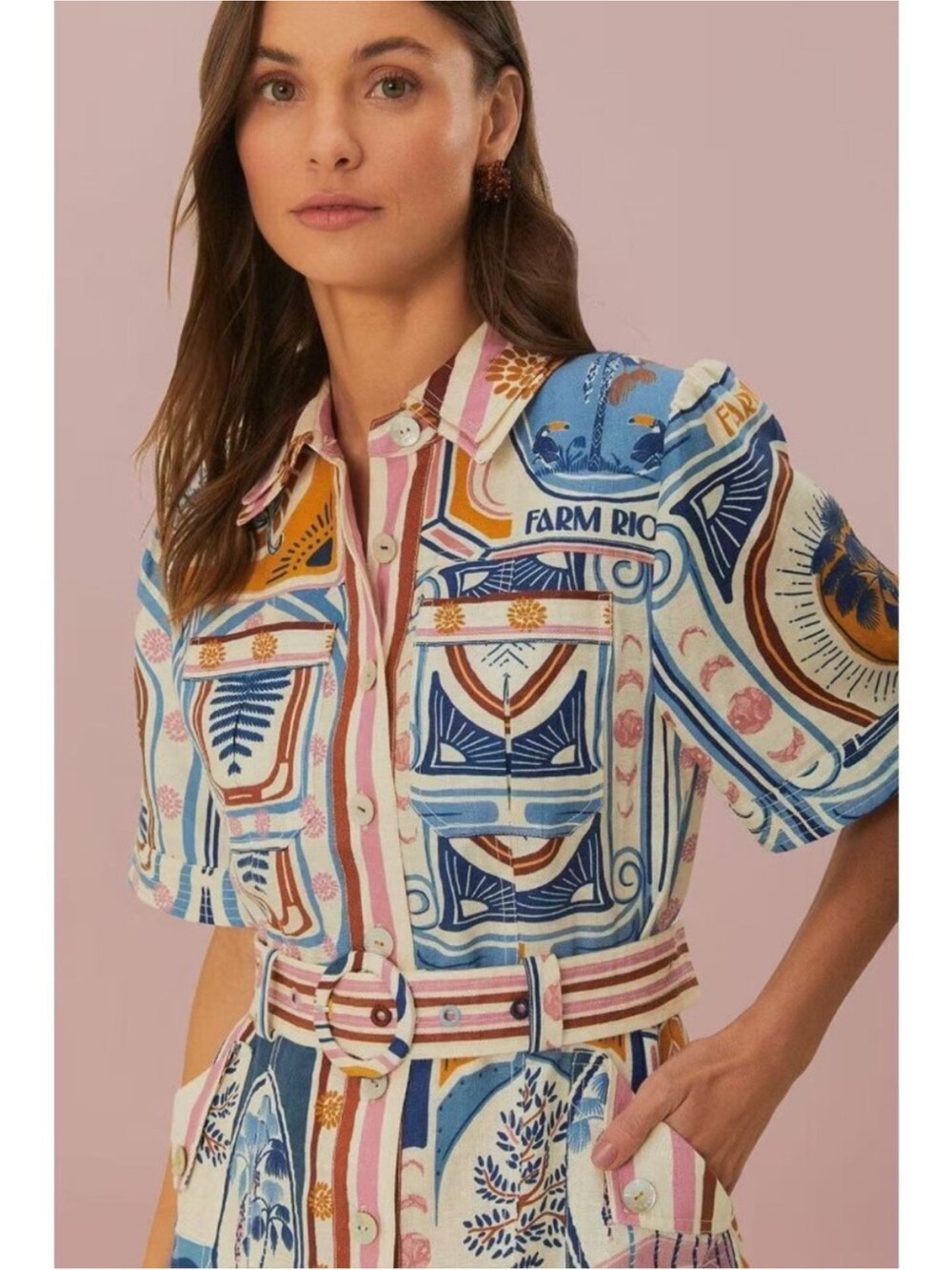 FARM Rio Multicolor Printed Belted Shirt Mini Dress - Blue, Pink, White, Gold - Picture 3 of 15
